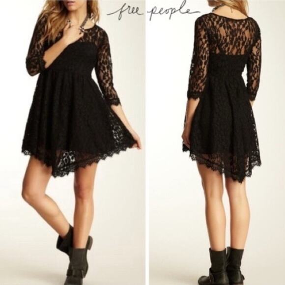 Free People Lace Mesh Black Dress S4 Black Whimsy Goth Witchcore Dark Fairy - Picture 9 of 11